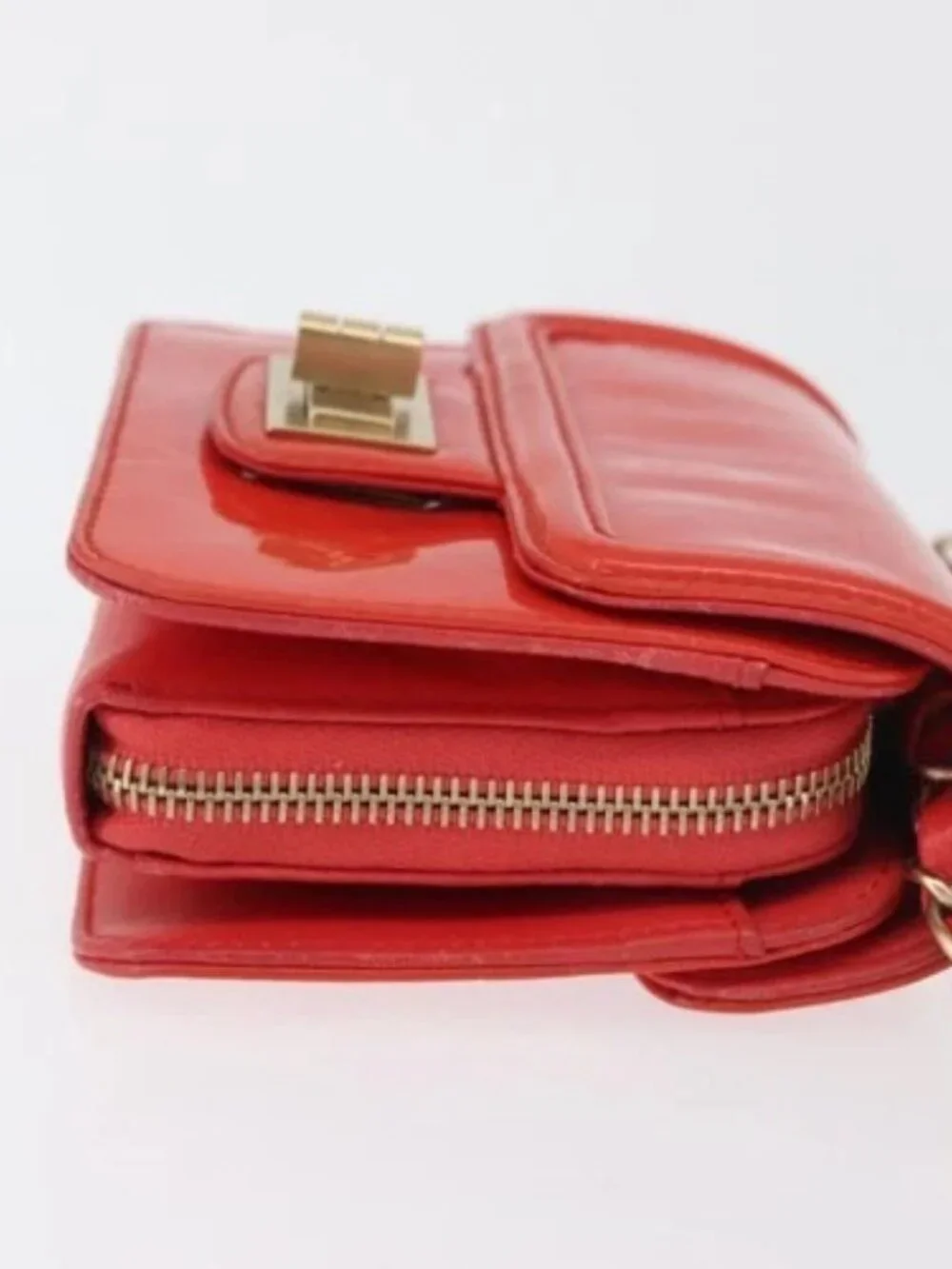 CHANEL Chain Shoulder Wallet Patent leather Orange Gold CC Auth 130637